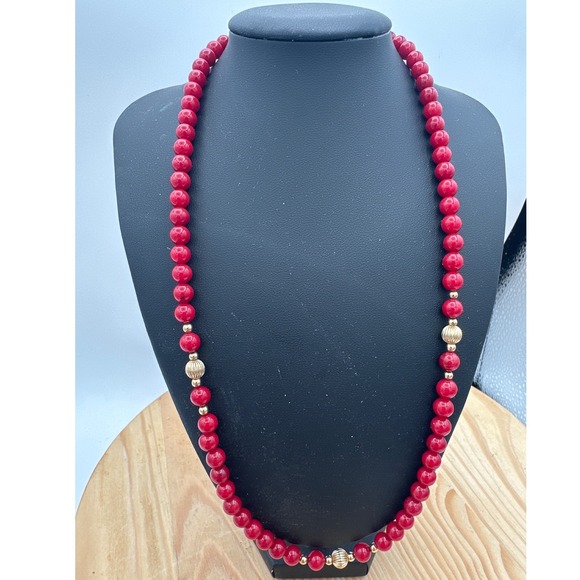 Jewelry - Vintage 19" Red Coral Bead Necklace 14K Gold Filled Clasp Fluted Spacers Matinee